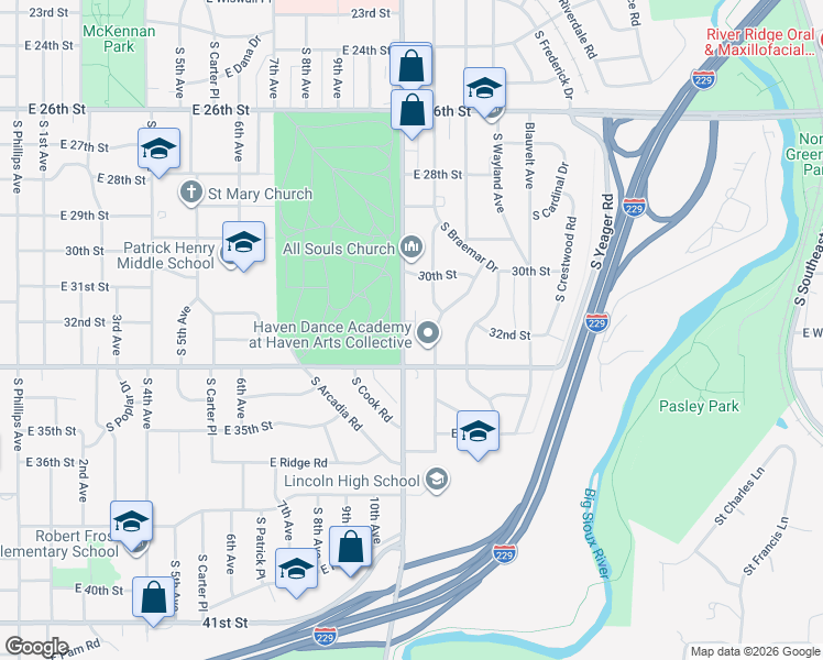 map of restaurants, bars, coffee shops, grocery stores, and more near 2300-2498 S Cliff Ave in Sioux Falls