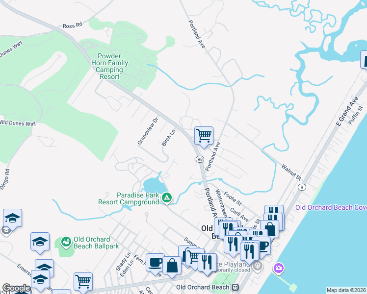 map of restaurants, bars, coffee shops, grocery stores, and more near 3 Seaglass Terrace in Old Orchard Beach