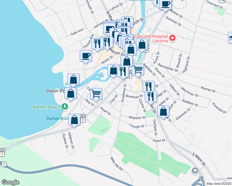 map of restaurants, bars, coffee shops, grocery stores, and more near 21 Clay Street in Laconia