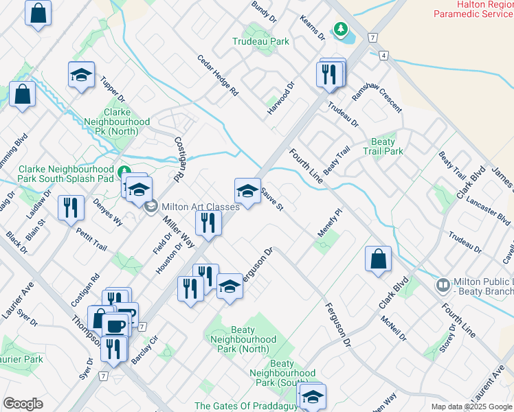 map of restaurants, bars, coffee shops, grocery stores, and more near in Milton