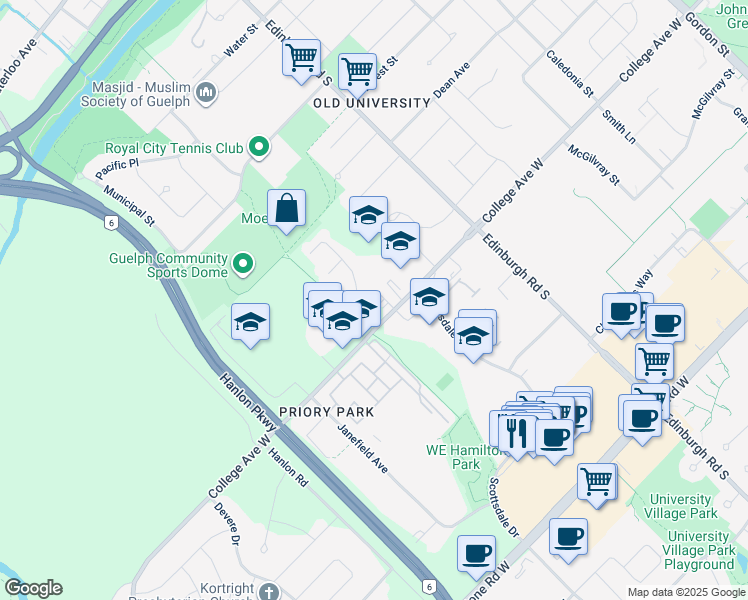 map of restaurants, bars, coffee shops, grocery stores, and more near in Guelph