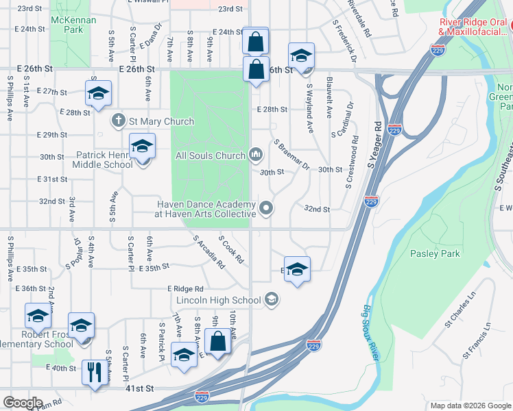 map of restaurants, bars, coffee shops, grocery stores, and more near 2300-2498 S Cliff Ave in Sioux Falls
