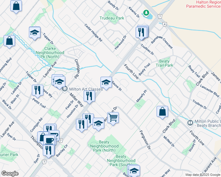 map of restaurants, bars, coffee shops, grocery stores, and more near 1267 Ruddy Crescent in Milton