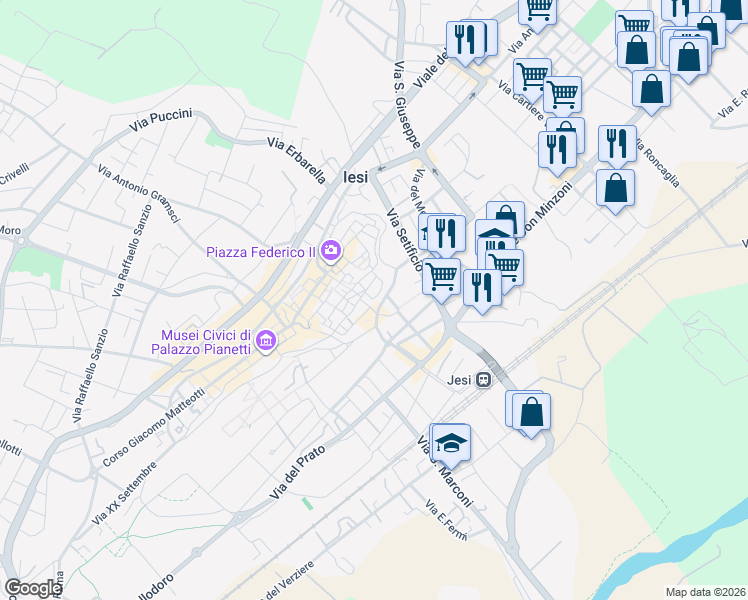 map of restaurants, bars, coffee shops, grocery stores, and more near 9 Via delle Conce in Jesi