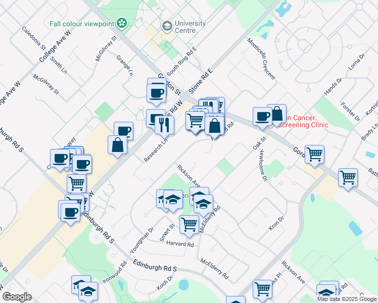 map of restaurants, bars, coffee shops, grocery stores, and more near 74 Harvard Road in Guelph