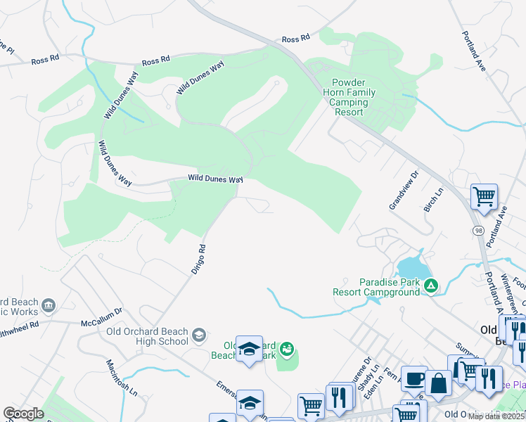 map of restaurants, bars, coffee shops, grocery stores, and more near Dirigo Road in Old Orchard Beach