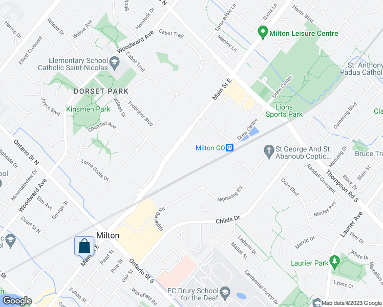 map of restaurants, bars, coffee shops, grocery stores, and more near 740 Main Street East in Milton