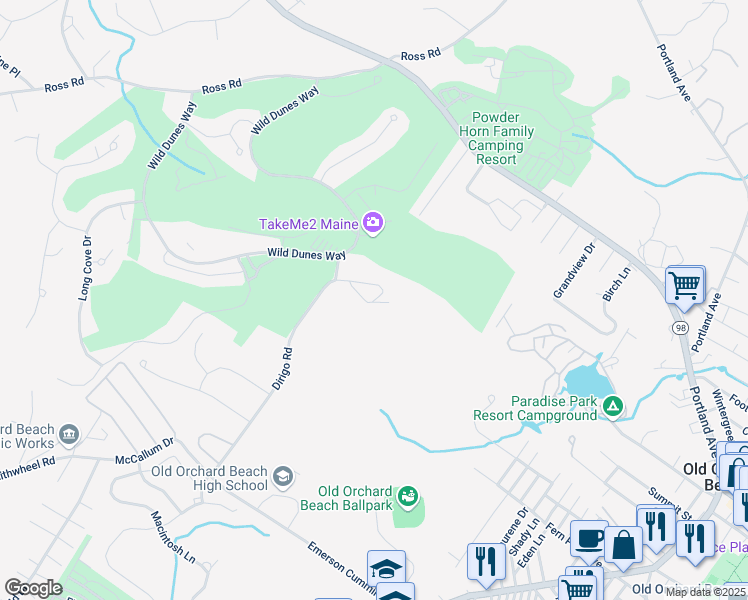 map of restaurants, bars, coffee shops, grocery stores, and more near Dirigo Road in Old Orchard Beach