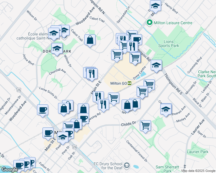 map of restaurants, bars, coffee shops, grocery stores, and more near in Milton