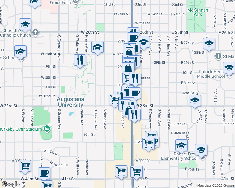 map of restaurants, bars, coffee shops, grocery stores, and more near 2300 South Duluth Avenue in Sioux Falls