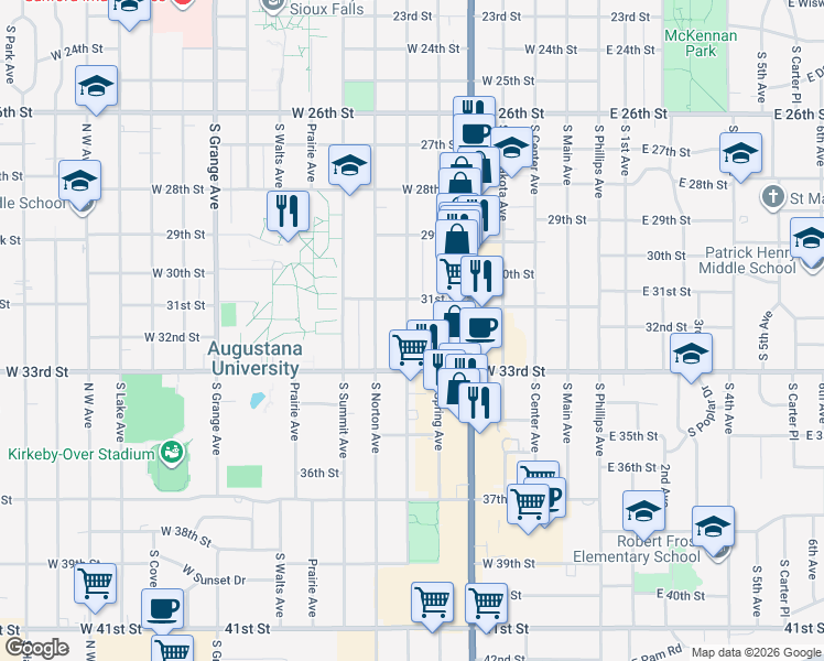 map of restaurants, bars, coffee shops, grocery stores, and more near 2300 South Duluth Avenue in Sioux Falls