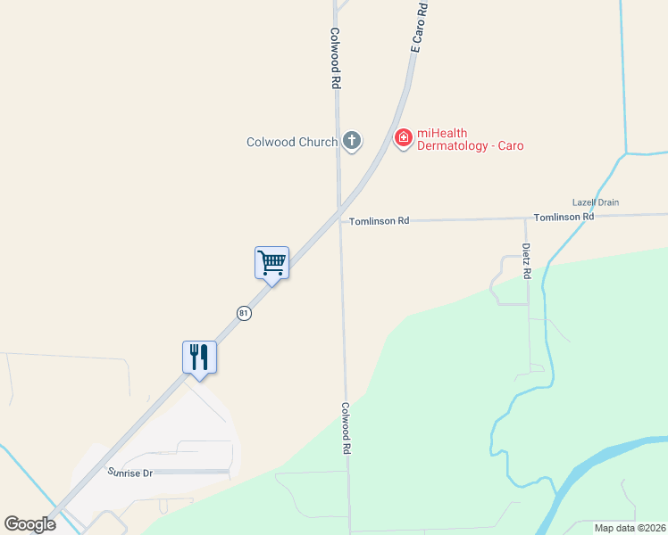 map of restaurants, bars, coffee shops, grocery stores, and more near 175 Colwood Road in Caro