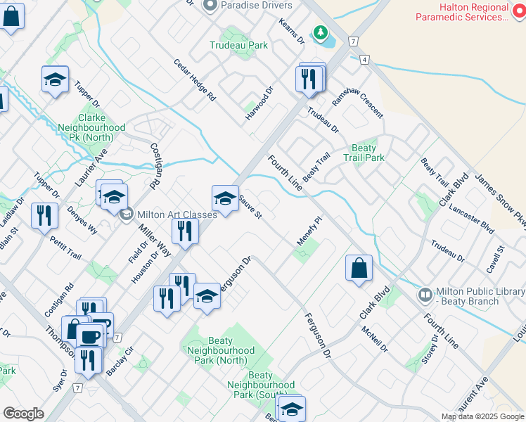 map of restaurants, bars, coffee shops, grocery stores, and more near 640 Sauve Street in Milton