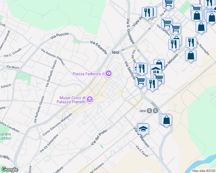 map of restaurants, bars, coffee shops, grocery stores, and more near 54 Via Pergolesi in Jesi