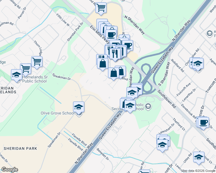 map of restaurants, bars, coffee shops, grocery stores, and more near 2088 Leanne Boulevard in Mississauga