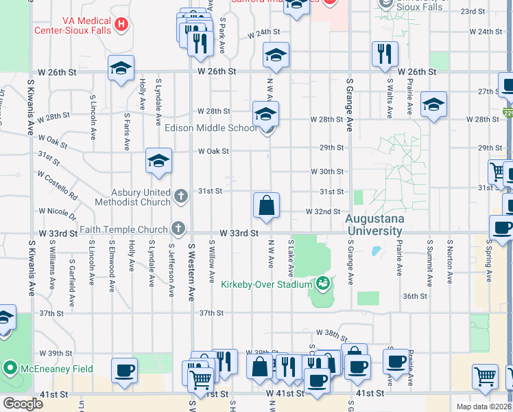 map of restaurants, bars, coffee shops, grocery stores, and more near 1717 West 31st Street in Sioux Falls