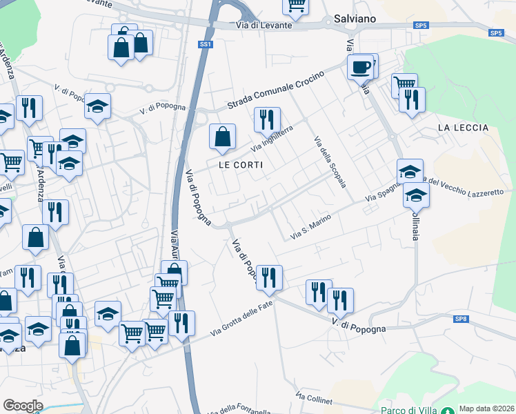 map of restaurants, bars, coffee shops, grocery stores, and more near Via delle Corti in Livorno