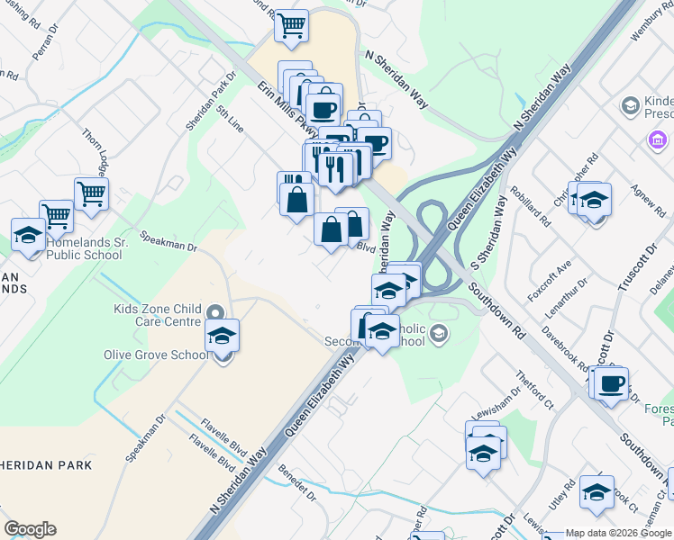 map of restaurants, bars, coffee shops, grocery stores, and more near 2088 Leanne Boulevard in Mississauga