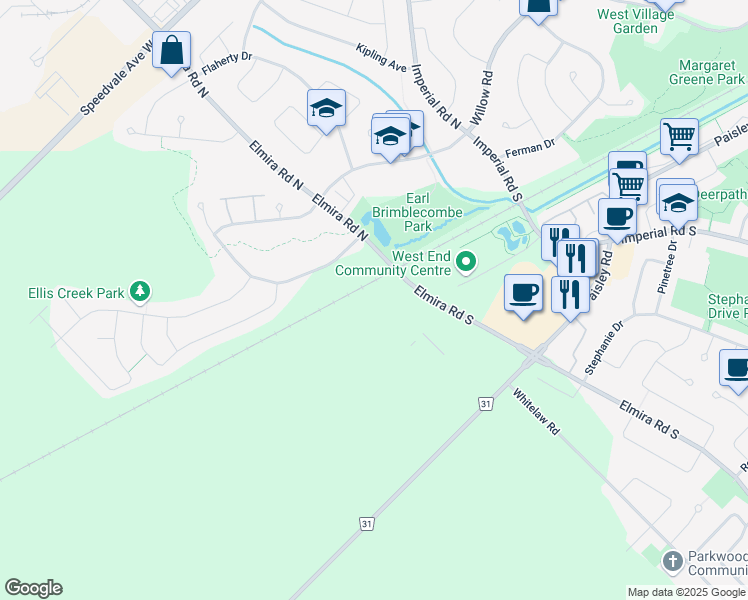 map of restaurants, bars, coffee shops, grocery stores, and more near 1 Tovell Drive in Guelph