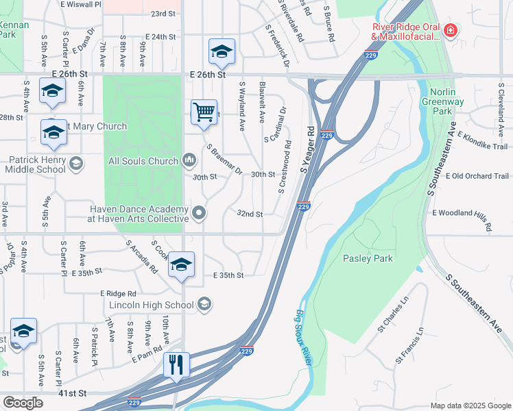 map of restaurants, bars, coffee shops, grocery stores, and more near 2301-2399 S Blauvelt Ave in Sioux Falls