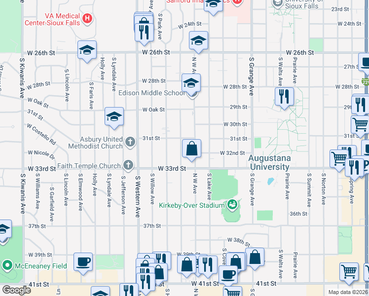 map of restaurants, bars, coffee shops, grocery stores, and more near 1717 West 31st Street in Sioux Falls