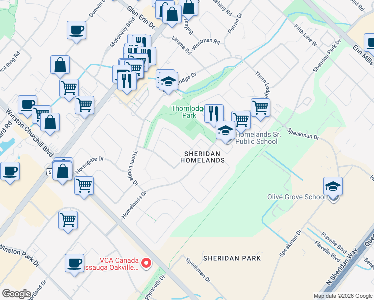 map of restaurants, bars, coffee shops, grocery stores, and more near 2496 Vineland Road in Mississauga