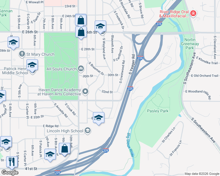 map of restaurants, bars, coffee shops, grocery stores, and more near 2301-2399 S Blauvelt Ave in Sioux Falls