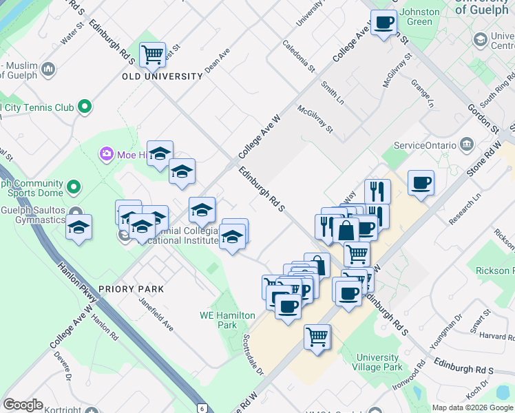 map of restaurants, bars, coffee shops, grocery stores, and more near 381 Edinburgh Road South in Guelph