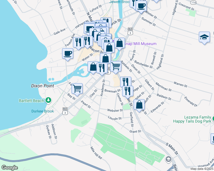 map of restaurants, bars, coffee shops, grocery stores, and more near Academy Square in Laconia