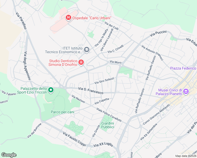 map of restaurants, bars, coffee shops, grocery stores, and more near Via Felcini in Jesi