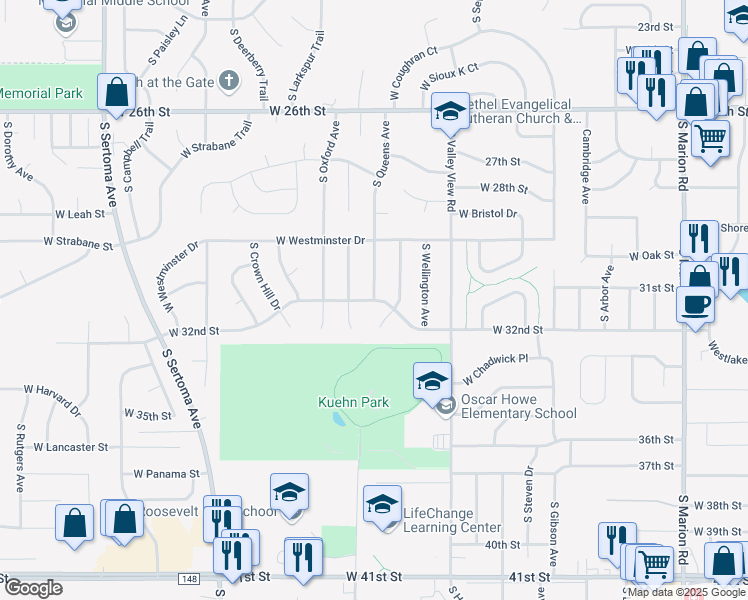 map of restaurants, bars, coffee shops, grocery stores, and more near 3301 South Queens Avenue in Sioux Falls
