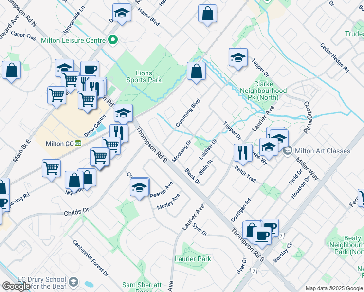 map of restaurants, bars, coffee shops, grocery stores, and more near 1023 Mccuaig Drive in Milton