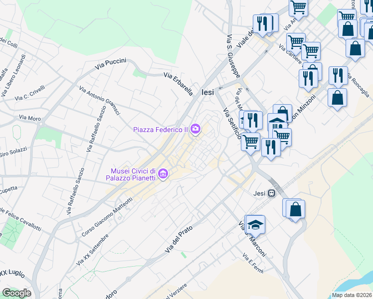 map of restaurants, bars, coffee shops, grocery stores, and more near 54 Via Pergolesi in Jesi