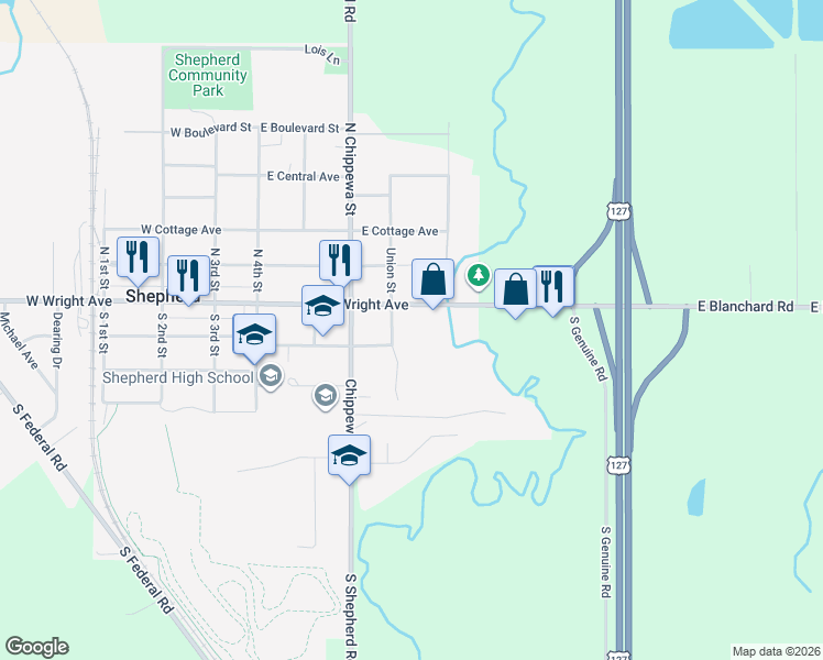 map of restaurants, bars, coffee shops, grocery stores, and more near 300-466 E Wright Ave in Shepherd