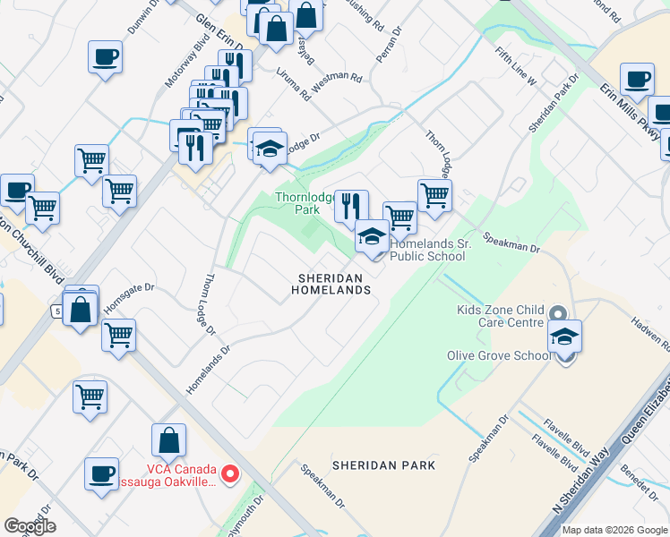 map of restaurants, bars, coffee shops, grocery stores, and more near 2445 Homelands Drive in Mississauga