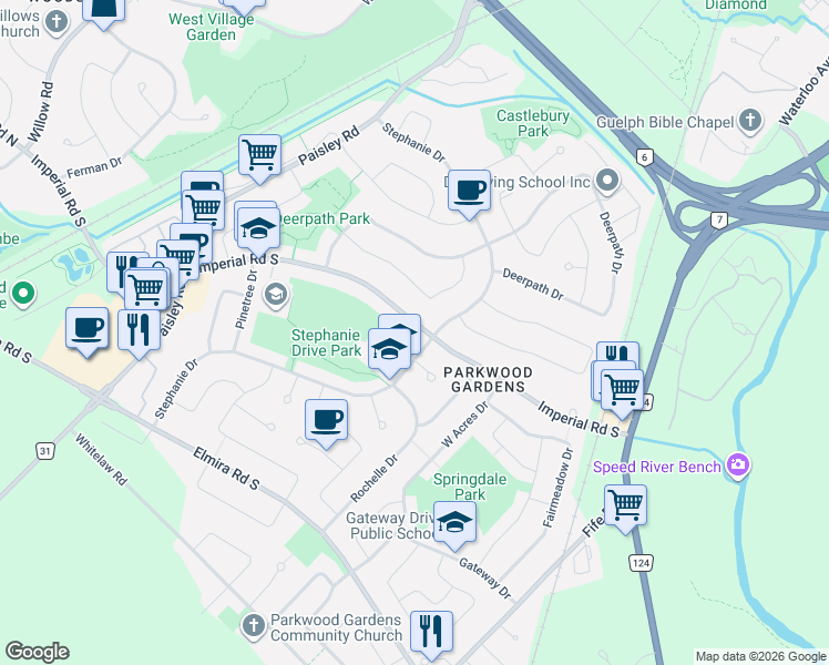 map of restaurants, bars, coffee shops, grocery stores, and more near 353 Imperial Road South in Guelph