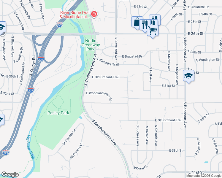 map of restaurants, bars, coffee shops, grocery stores, and more near 2521-2777 East Old Orchard Trail in Sioux Falls