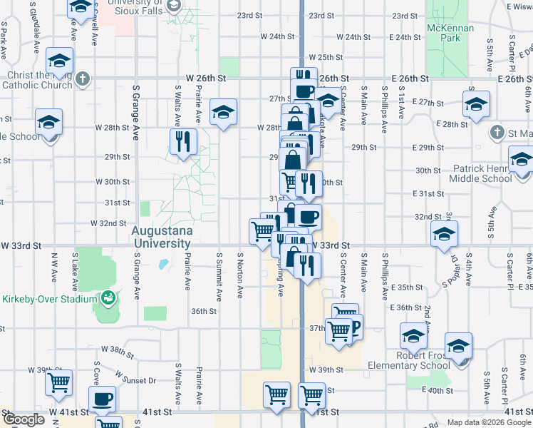 map of restaurants, bars, coffee shops, grocery stores, and more near 2300 South Duluth Avenue in Sioux Falls
