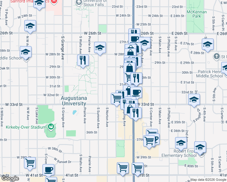 map of restaurants, bars, coffee shops, grocery stores, and more near 2300 South Duluth Avenue in Sioux Falls