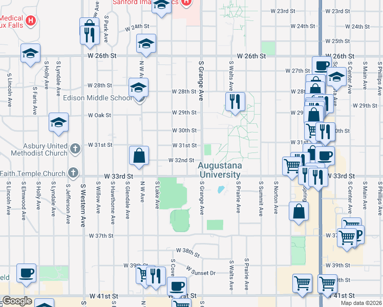 map of restaurants, bars, coffee shops, grocery stores, and more near 2301 South Euclid Avenue in Sioux Falls