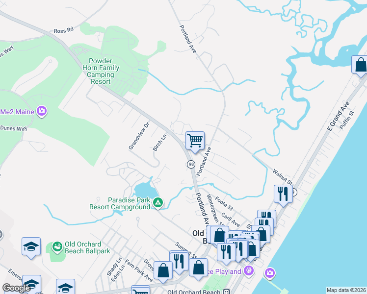map of restaurants, bars, coffee shops, grocery stores, and more near 7 Cascade Road in Old Orchard Beach