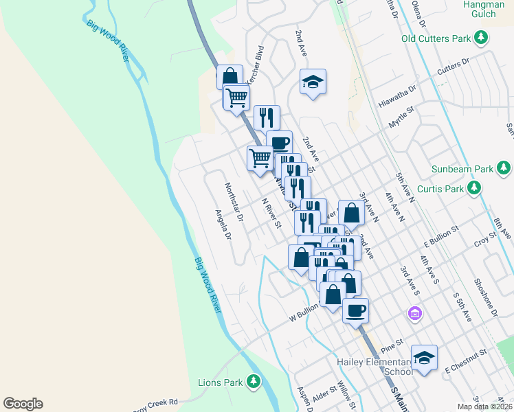 map of restaurants, bars, coffee shops, grocery stores, and more near 111 West Myrtle Street in Hailey