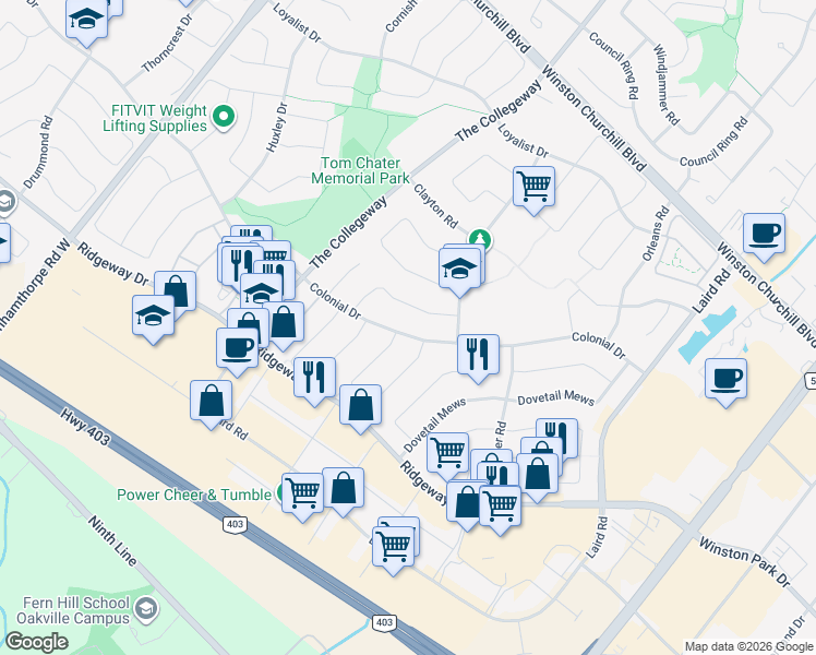 map of restaurants, bars, coffee shops, grocery stores, and more near 3389 Colonial Drive in Mississauga