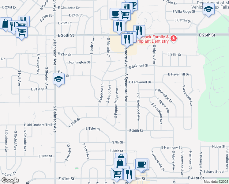 map of restaurants, bars, coffee shops, grocery stores, and more near 2404 South Ascot Avenue in Sioux Falls