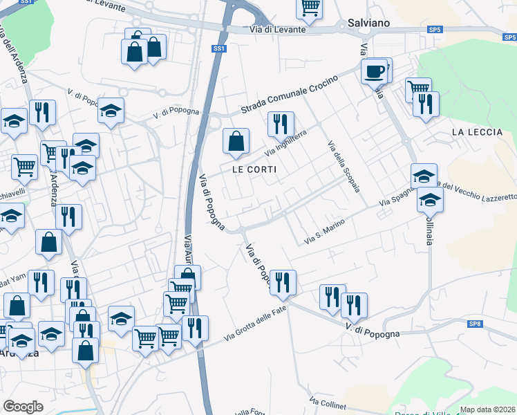 map of restaurants, bars, coffee shops, grocery stores, and more near Via delle Corti in Livorno