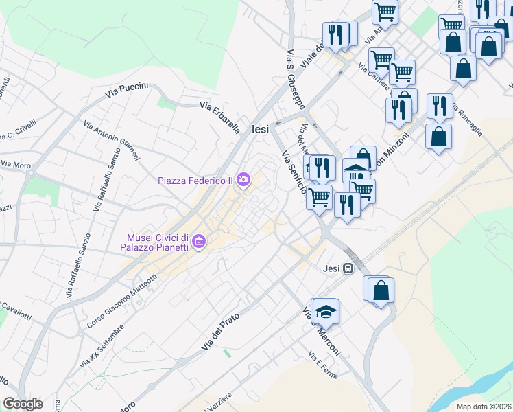 map of restaurants, bars, coffee shops, grocery stores, and more near 12A Via Valle in Jesi