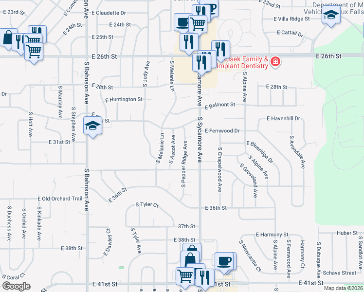 map of restaurants, bars, coffee shops, grocery stores, and more near 2404 South Ascot Avenue in Sioux Falls