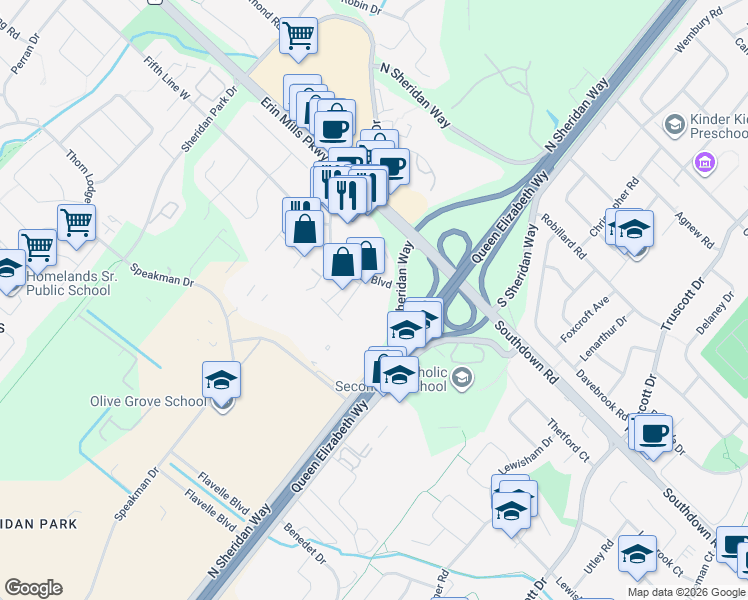map of restaurants, bars, coffee shops, grocery stores, and more near 2125 North Sheridan Way in Mississauga