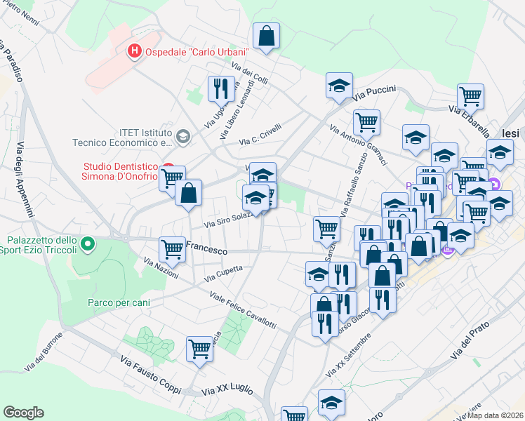 map of restaurants, bars, coffee shops, grocery stores, and more near 20 Viale Giuseppe Verdi in Jesi