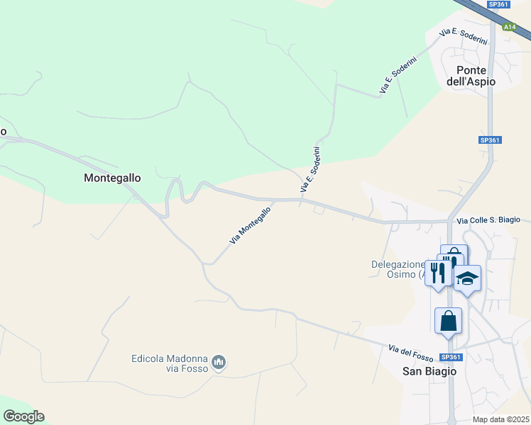 map of restaurants, bars, coffee shops, grocery stores, and more near 43 Via Montegallo in Provincia di Ancona